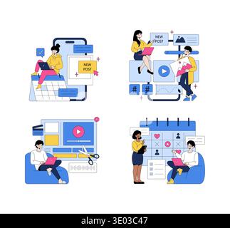 Vector illustration depicting people interacting with digital content for social media. Includes activities like posting, video editing, and planning calendar events on digital platforms. Stock Vector