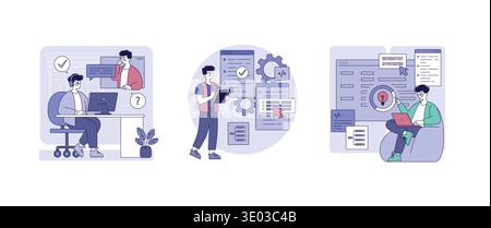 Vector illustration depicting collaborative teamwork in a coding environment. Team members interact with technology, using computers and tablets for software development and project management. Stock Vector
