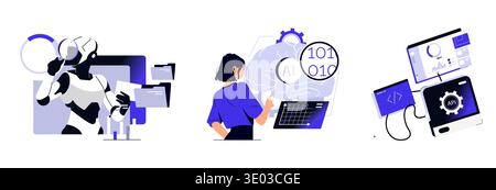Abstract vector illustration depicting a humanoid robot interacting with digital files, a person analyzing AI data on a screen, and API data analysis with coding displays. Stock Vector