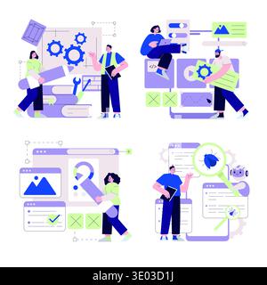 Vector illustration showcasing teamwork in software development. Characters collaborate on digital projects, addressing UI UX design, coding, and bug fixing. Abstract technical elements highlight collaborative efforts. Stock Vector