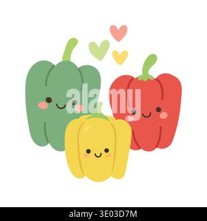 Happy bell pepper cartoon vegetables illustration with green red yellow colors, healthy nutrition theme for vegan cooking blogs, fresh produce Stock Vector