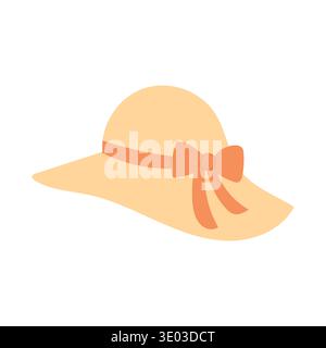 Wide brim straw sunhat with ribbon bow, minimalist summer fashion accessory illustration perfect for beach vacation graphics, travel blog design Stock Vector