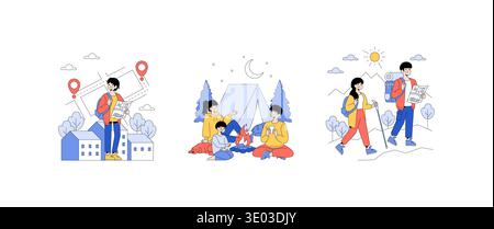 Vector illustration set displaying a series of outdoor activities. Includes a person with a map, camping by a fire, and hiking in nature. Captures exploration and relaxation in vibrant scenes. Stock Vector
