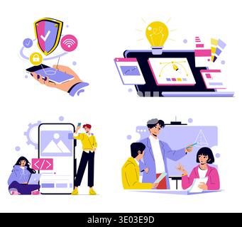 Vector illustration showcasing tech themes: phone security, digital design with creative tools, coding on a mobile device, and collaborative teamwork in a tech environment. Stock Vector