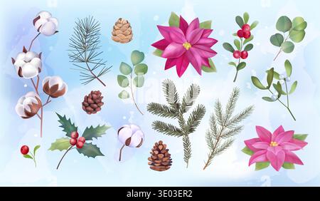 Watercolor Christmas flowers. Winter plants. Xmas holly. Poinsettia blossom. Pine cone. Cotton bloom. Mistletoe berry. Green leaves and branch for red wreath. Conifer twigs. Vector floral elements set Stock Vector