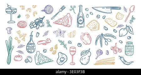 Doodle cocktails. Wine drink bottle. Pizza piece. Color line drawing. Vegetable slice. Alcohol beverage with lemon and ice. Minimal outline print. Tropical birthday poster. Vector graphic elements set Stock Vector