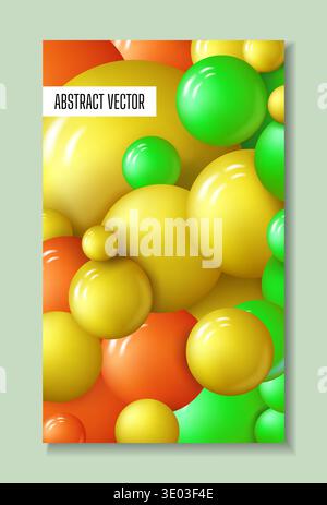 Abstract background. 3d event ball poster design. Colorful plastic glossy spheres, yellow and green colors. Minimal graphic balloons falling in motion, liquid texture. Vector render illustration Stock Vector