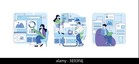 Vector illustration of a team collaborating in digital design. Features people working with laptops and design tools, focusing on web development and interface creation. Stock Vector