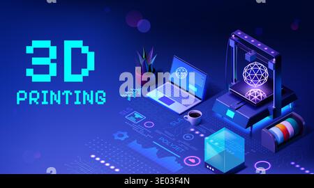 3D print. Isometric printer software. Business additive technology workshop or laptop computer on table. Model construction. Glowing digital equipment. Prototyping material maker. Vector background Stock Vector