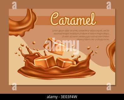 Caramel cubes splash. Banner design with copy space. Realistic isolated elements. Glossy cube pieces in liquid swirl and droplets, sweet sugar confectionery presentation. Vector template illustration Stock Vector