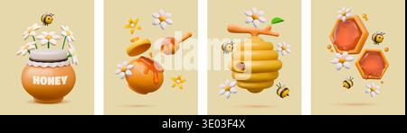 3D bee hive. Cute nature hone. Honeycomb plastic gold product for healthy natural food. Honeybee fly. Summer flowers. Wax beehive at branch. Sweets pot. Beekeeping cards. Apiary vector banners set Stock Vector
