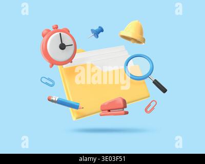 3D document icons. Administration and accounting. Render folder or office service for paper doc. Database file elements. Deadline clock. Management audit magnifier. Stationery and bell. Vector concept Stock Vector