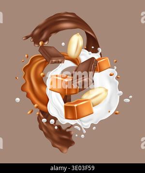 Chocolate and caramel 3d. Peanuts swirl. Realistic composition of cocoa pieces, sugar cubes and whole peanuts, milk splashes in motion, confectionery ingredients and creamy texture vector illustration Stock Vector