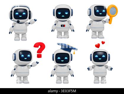 3d chatbot icons. White superhero mascot, cute youth children dj or futuristic student animation helper. assistant design, search and support character, question or graduation cap. Vector isolated set Stock Vector