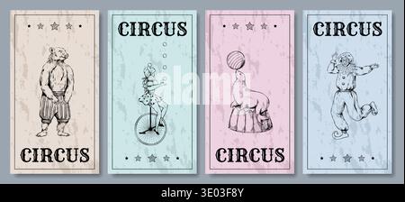 Vintage circus banners. Cirque sketch line drawing. Clown performance. Juggler on unicycle. Trained bear. Seal tricks with ball. Festival entertainment. Magician carnival show. Vector retro cards set Stock Vector