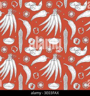Hand-drawn seamless pattern of sliced chili pepper and chili seeds, chili powder spice, bundle of fresh peppers on red background Stock Vector