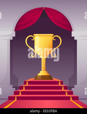 Golden trophy on stage. Gold cup on red carpet podium, arch on background, symbol of victory, achievement in sport and business and recognition, premium graphic. Vector cartoon flat style illustration Stock Vector