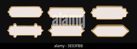 Luxury gold frame set. Islam background shape, ramadan title button or 3d golden banner. Thai label border for vintage box, metallic borders decorative elegant tag. Vector isolated design elements Stock Vector
