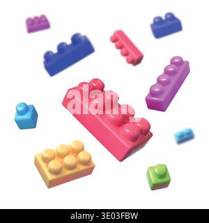 3D kid toys. Brick blocks. Plastic puzzle shapes or cube objects. Child kindergarten game box for fun building. Kids geometric modular figures floating. Render constructor pieces. Vector elements set Stock Vector