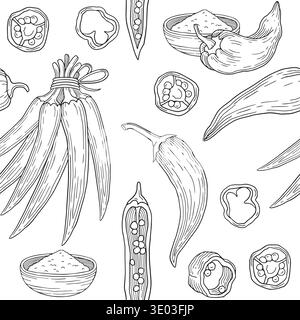 Hand-drawn seamless pattern of sliced chili pepper and chili seeds, chili powder spice, bundle of fresh peppers graphic sketch Stock Vector