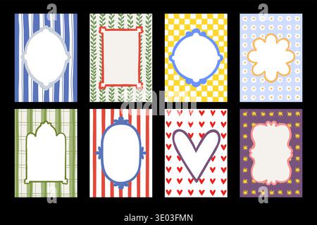 Wavy frames. Scallop pattern border, fun retro shape with abstract geometric edges. Funky pop doodles backgrounds. Childish cards or posters design. Vector isolated templates set with copy space Stock Vector