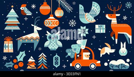 Christmas icons. Folk holiday pattern, vintage season bird ornament or gift wrapping wallpaper, festive winter decor. Cheerful celebration owl and rabbit cartoon. Vector isolated simple stickers set Stock Vector