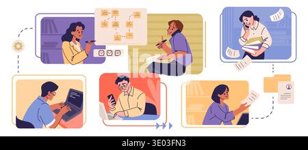 Project workflow. People work in office, network communication in computer or supervise system feedback. Employee planning and coding, organized task vector cartoon flat style isolated graphic concept Stock Vector