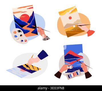 Abstract landscape posters. Human hands painting pictures. Paintbrush and palette. Art studio. Artistic hobby. Nature drawing. Painter arms. Creative workshop. Canvas at easel. Vector concepts set Stock Vector