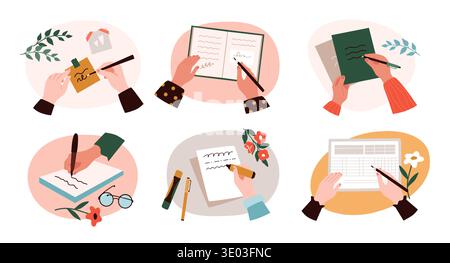 Hands writing on paper. Hand making notes in notebook, diary or sign document, top view. Card writing with pens and stationery, planning and communication with message. Vector isolated illustration Stock Vector