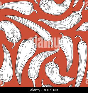 Hand-drawn seamless pattern of chili pepper, ramiro and jalapeno for ingredients or product design on red background Stock Vector