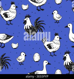 Chicken Rooster Hen Duck Goose Rustic Doodle Seamless Farm Bird Pattern Livestock Hand Drawn Vector Background Stock Vector
