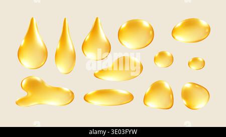Golden Liquid Drops 3d Set Realistic Honey Oil drop Serum Glossy Vector Gold Element Collection Stock Vector