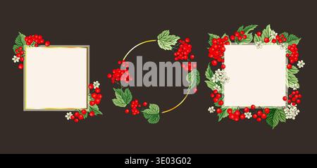 Viburnum Guelder Red Berry Frame Set Decorative Banner Border Card Invitation Vector Fall Retro Frame Autumn Fruit Stock Vector