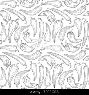 Seamless pattern of chili pepper, ramiro and jalapeno for ingredients or product design on red background Stock Vector
