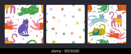 Whimsical Cute Cat Seamless Pattern Set With Floral Elements Cartoon Vector Background Collection Stock Vector