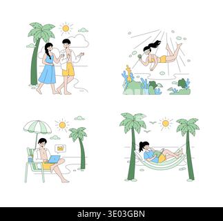 Vector illustration depicting beach vacation scenes: a couple strolling, a woman snorkeling, a man working on a laptop, and a woman reading in a hammock. Represents relaxation and adventure. Stock Vector