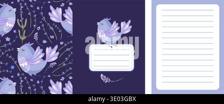 Cute Bird Lavender Notebook Cover Set With Seamless Pattern And Blank Lined Blank Page Stock Vector