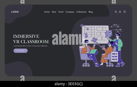 Vector illustration of people using VR headsets and laptops in a virtual reality classroom. They engage in a collaborative technological learning environment with immersive elements. Stock Vector