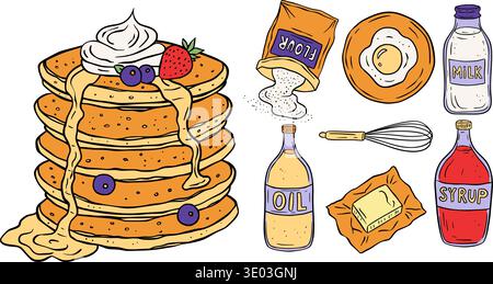 Pancake Breakfast Vector Set In Sketch Retro Doodle Style Cartoon Food Sweet Illustration Stock Vector