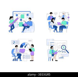 Vector illustration showing diverse business team engaged in collaboration and planning. Scenes depict teamwork, project management, and data analysis, highlighting effective communication. Stock Vector