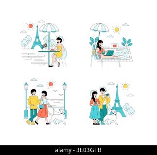Vector illustration depicting Parisian outdoor activities. Features dining by the Eiffel Tower, working poolside on a laptop, and strolling with a dog in park settings. Stock Vector