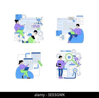 Vector illustration depicting various collaborative scenes in coding and software development. People interact with digital interfaces, robots, and code, symbolizing teamwork and innovation. Stock Vector