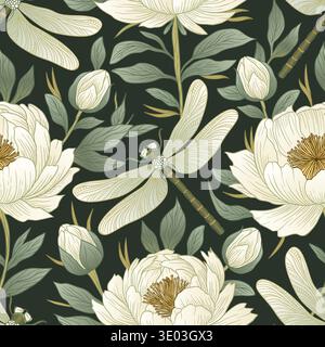Vintage Peony And Dragonfly Seamless Pattern Whimsical Botanical Garden Elegant Vector Background Stock Vector