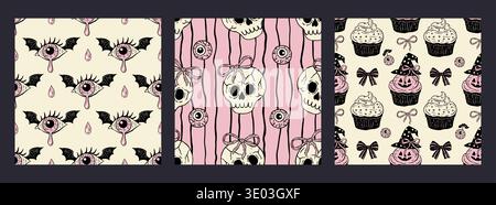 Pink Vintage Halloween Seamless Pattern Set With Skulls Bats Cupcakes Eyeballs Girly Coquette Vector Stock Vector