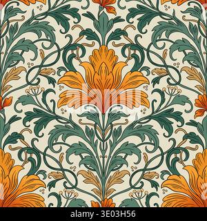 Art Nouveau Seamless Pattern With Vintage Iris Flowers And Antique Baroque Ornamental Leaves Vector Stock Vector