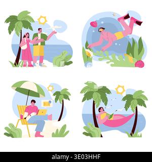 Tropical vector illustration depicting various vacation activities. Includes couples enjoying beach views, a person snorkeling, working remotely under an umbrella, and relaxing in a hammock. Stock Vector