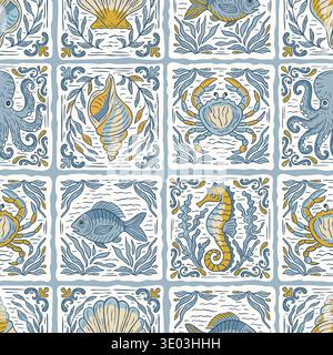Mediterranean Sea Delft Tiles Seamless Vector Tile Pattern with Seahorse, Octopus, Crabs, Shells and Fish in Handdrawn Vintage Ocean Sketch Stock Vector