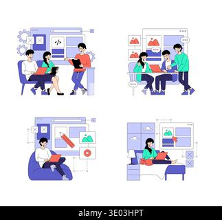 A vector illustration depicting team collaboration and remote work settings. Scenes include group discussions, programming on laptops, and creative brainstorming sessions, highlighting various work environments. Stock Vector