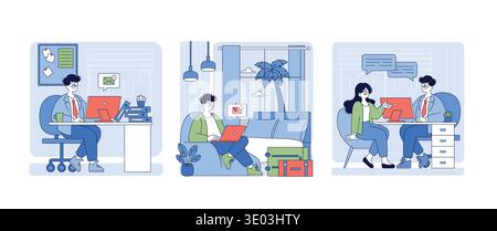 Vector illustration showing a person working in an office, a cozy home setting, and having a meeting. The images highlight diverse work environments and interactions, emphasizing flexibility and connectivity. Stock Vector