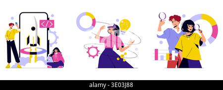 Vector illustration depicting modern technology themes. Includes a rocket launch on a smartphone, a female in virtual reality interacting with graphics, and a team examining data charts. Stock Vector